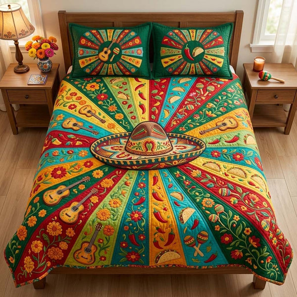 Mexican Bloom Quilt quilted 3-piece bedding set on a made bed with two matching pillow shams