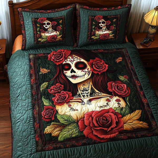 Mexican Heritage Skull quilted 3-piece bedding set on a made bed against a dark styled interior