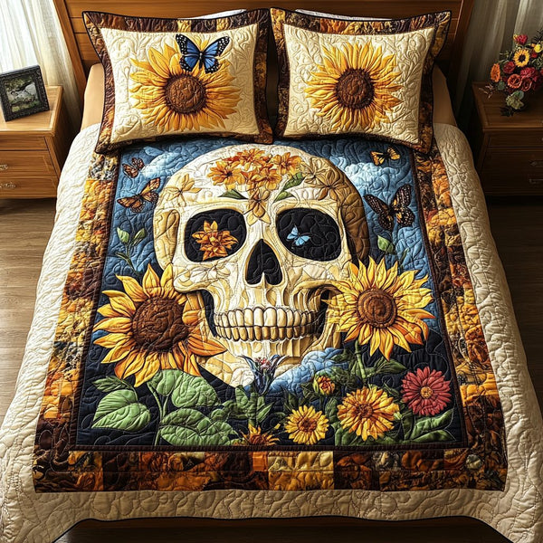 Mexican Skull Art quilted 3-piece bedding set on a made bed against a dark styled interior