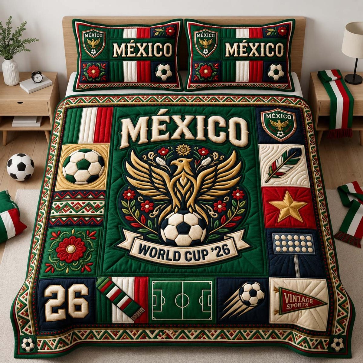 Mexico Eagle Pride quilted 3-piece bedding set on a made bed in a warmly lit bedroom