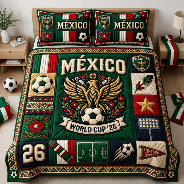Mexico Eagle Pride quilted 3-piece bedding set on a made bed in a warmly lit bedroom