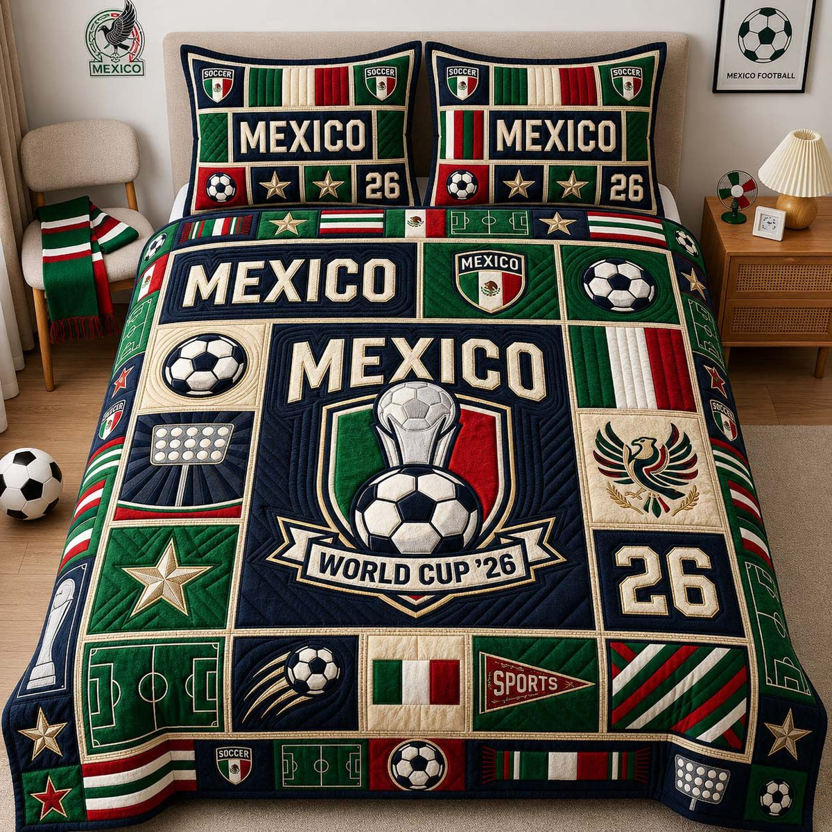 Mexico Soccer Crest quilted 3-piece bedding set on a made bed with two matching pillow shams
