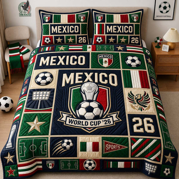 Mexico Soccer Crest quilted 3-piece bedding set on a made bed with two matching pillow shams
