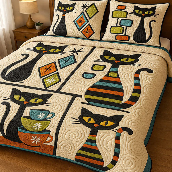 Midcentury Meow quilted 3-piece bedding set on a made bed with two matching pillow shams