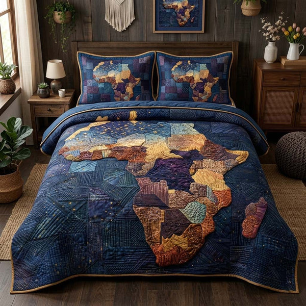 Midnight Africa quilted 3-piece bedding set on a made bed with two matching pillow shams