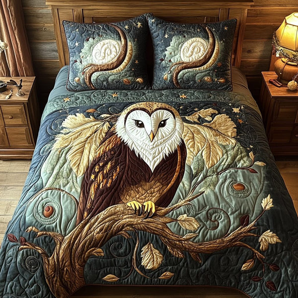 Midnight Barn Owl quilted 3-piece bedding set on a made bed in a farmhouse bedroom