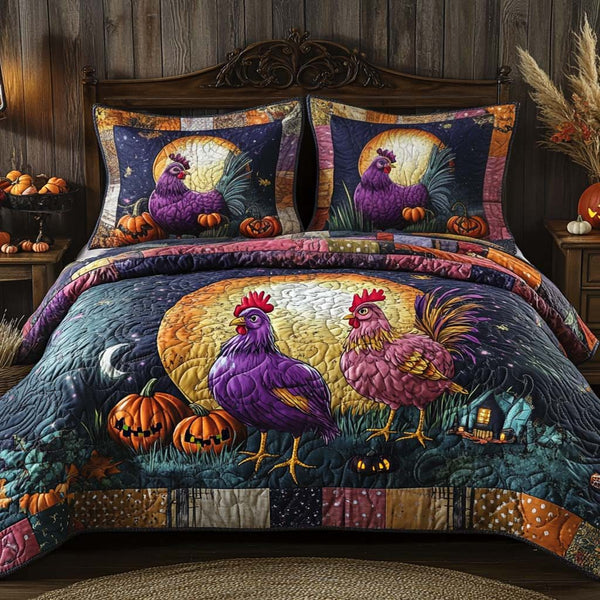 Midnight Barnyard Magic quilted 3-piece bedding set on a made bed with two matching pillow shams