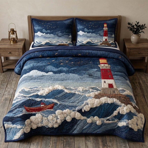 Midnight Beacon quilted 3-piece bedding set on a made bed with two matching pillow shams