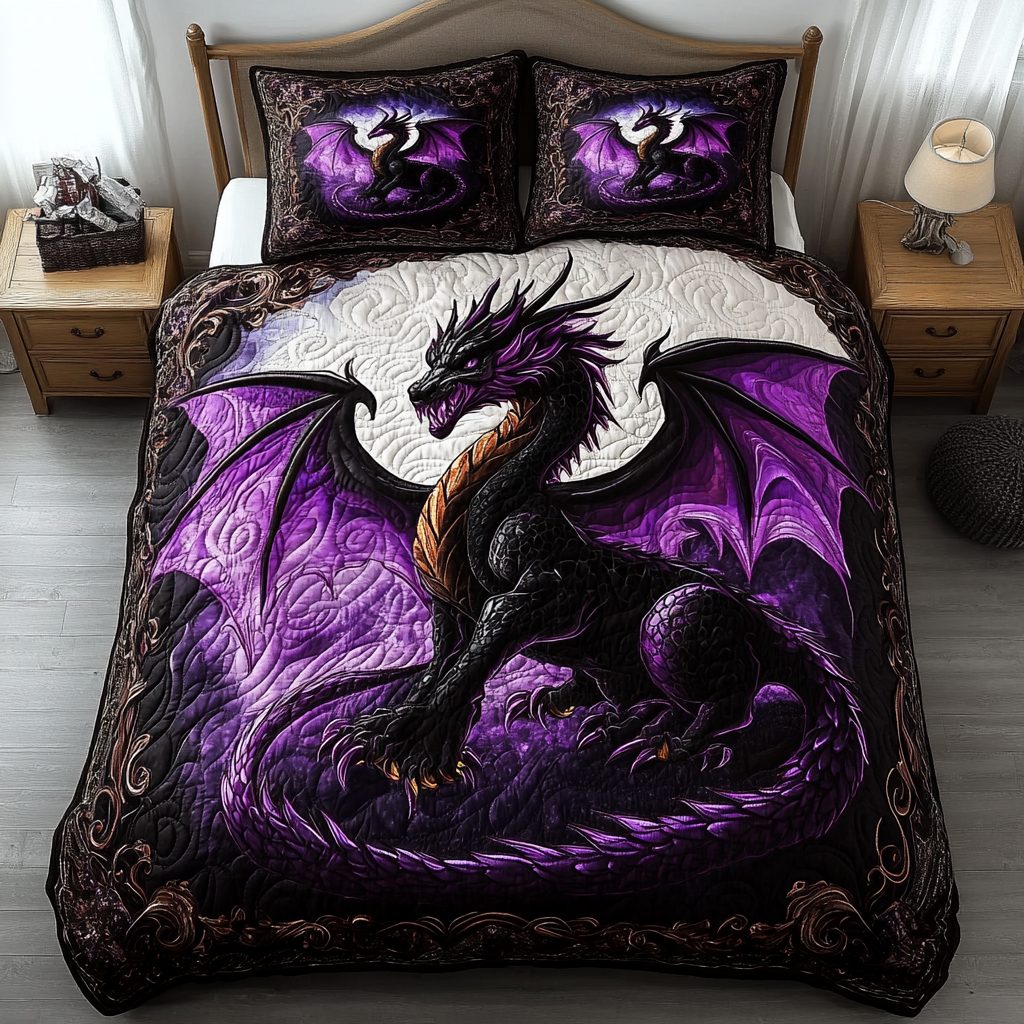 Midnight Blaze quilted 3-piece bedding set on a made bed with two matching pillow shams