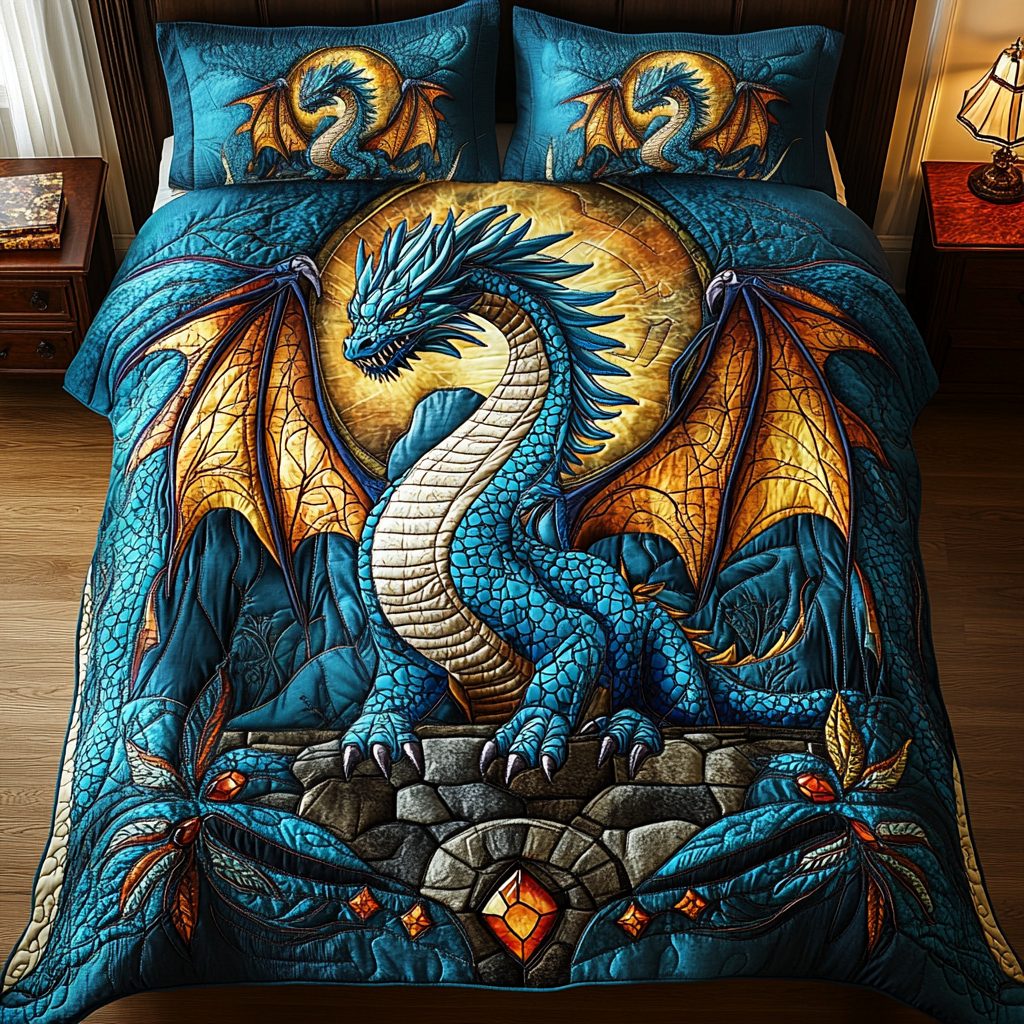 Midnight Blaze quilted 3-piece bedding set on a made bed with two matching pillow shams