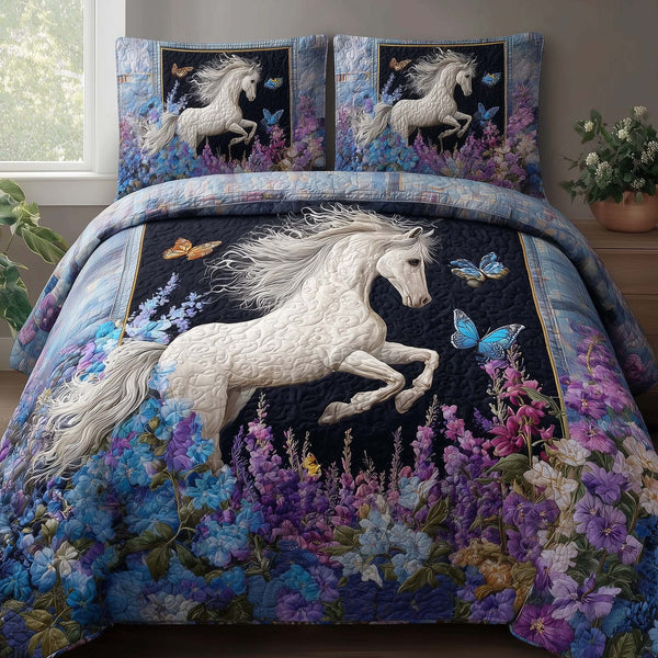 Midnight Bloom Horse quilted 3-piece bedding set on a made bed in a rustic timber bedroom