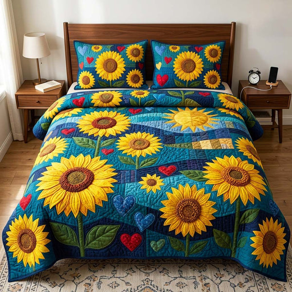 Midnight Bloom quilted 3-piece bedding set on a made bed with two matching pillow shams