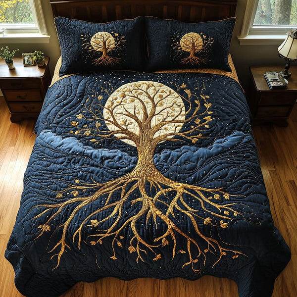 Midnight Bloom quilted 3-piece bedding set on a made bed with two matching pillow shams