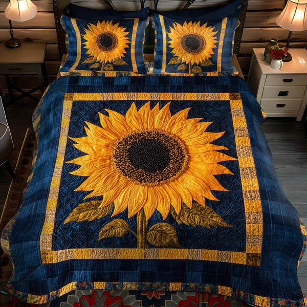 Midnight Bloom quilted 3-piece bedding set on a made bed with two matching pillow shams
