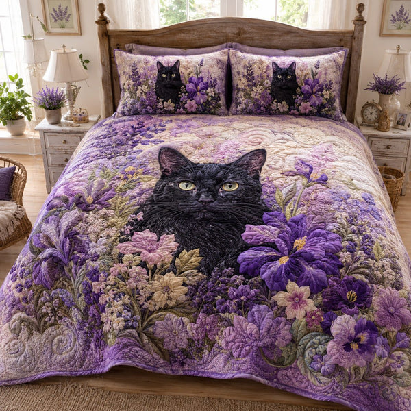 Midnight Bloom quilted 3-piece bedding set on a made bed with two matching pillow shams