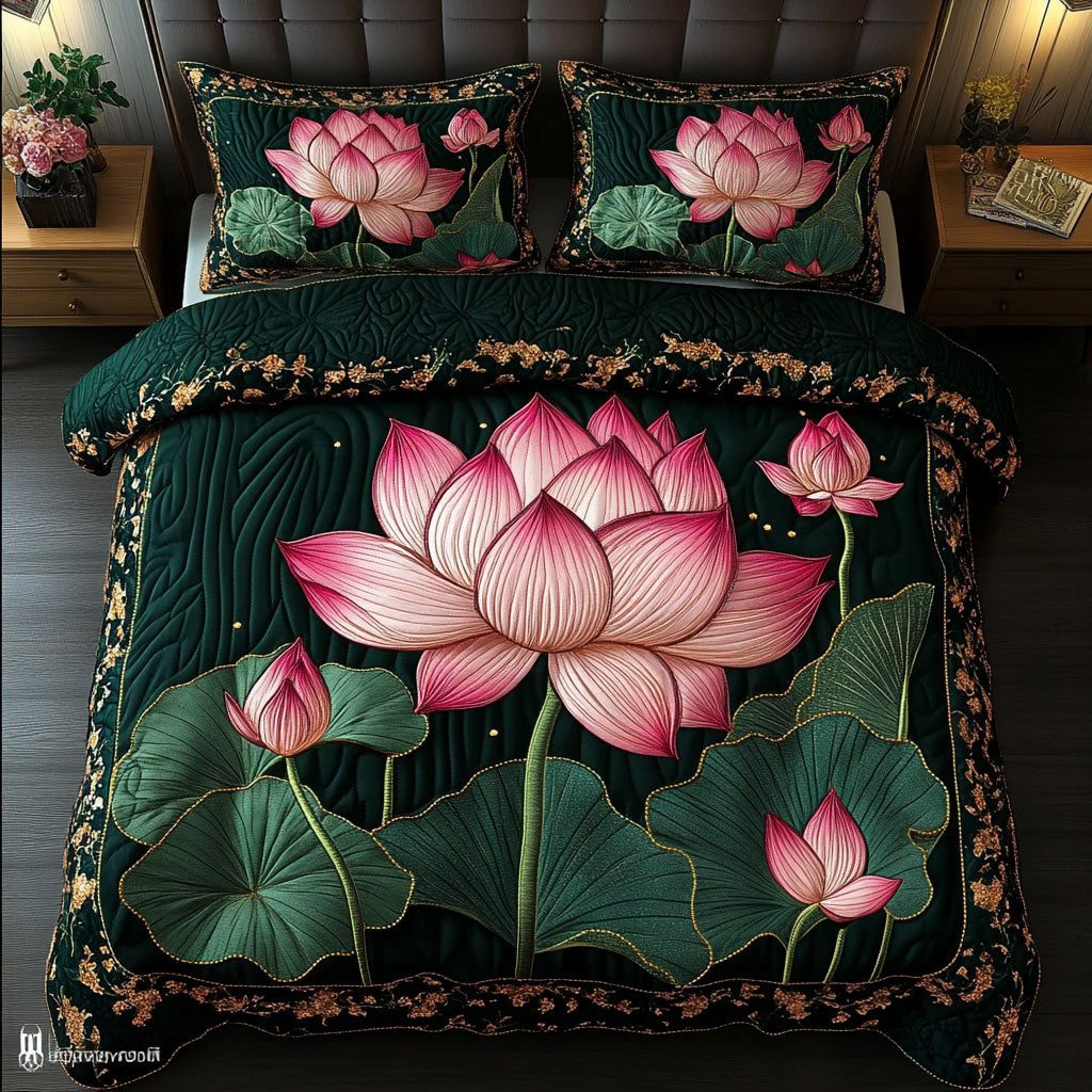 Midnight Blossom quilted 3-piece bedding set on a made bed with two matching pillow shams