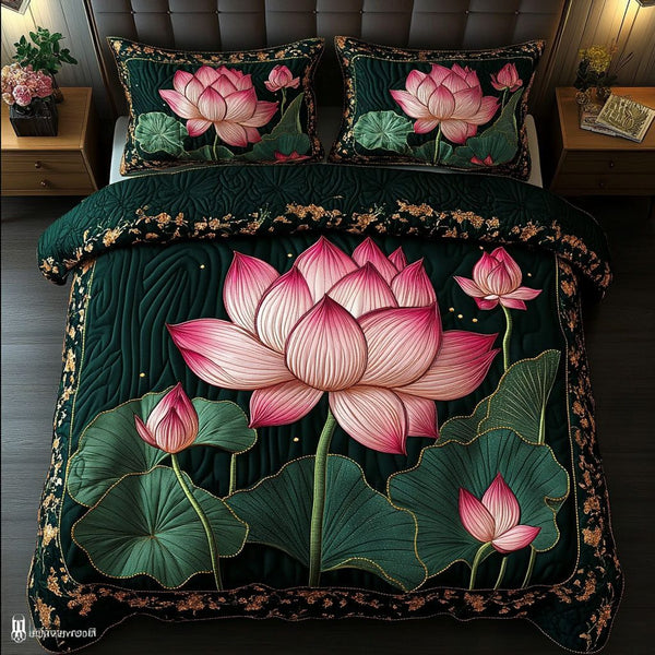 Midnight Blossom quilted 3-piece bedding set on a made bed with two matching pillow shams