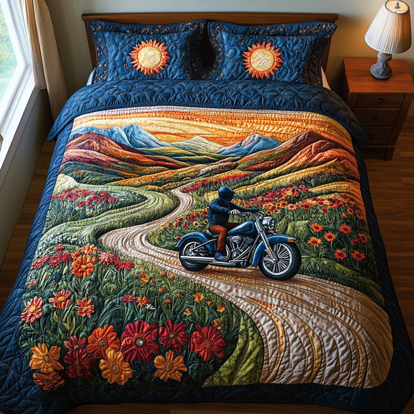 Midnight Blue Rider quilted 3-piece bedding set on a made bed with two matching pillow shams