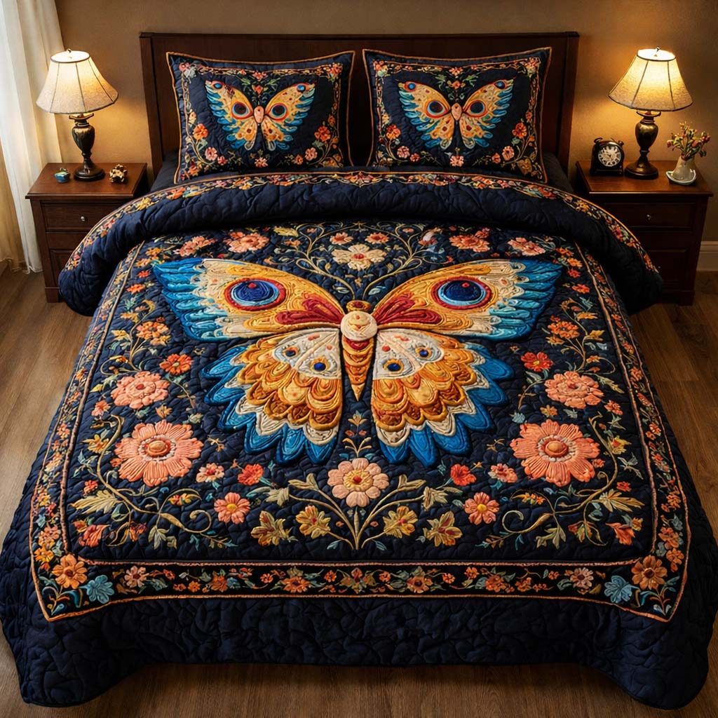 Midnight Butterfly Bloom quilted 3-piece bedding set on a made bed with two matching pillow shams