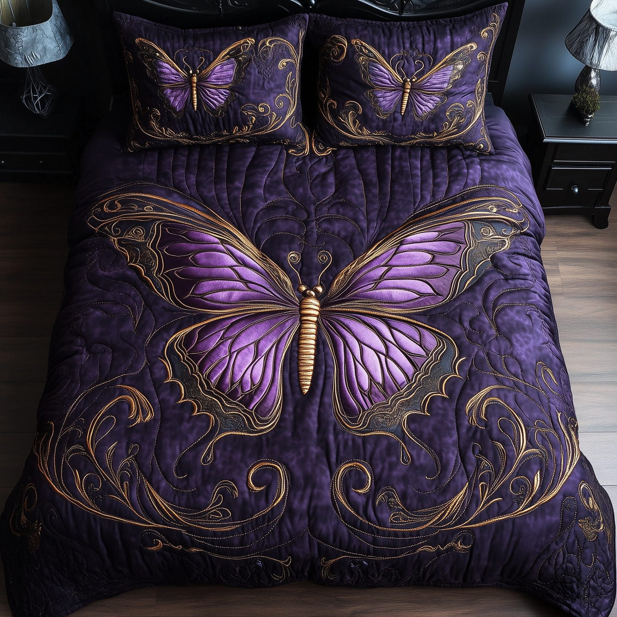 Midnight Butterfly quilted 3-piece bedding set on a made bed with two matching pillow shams