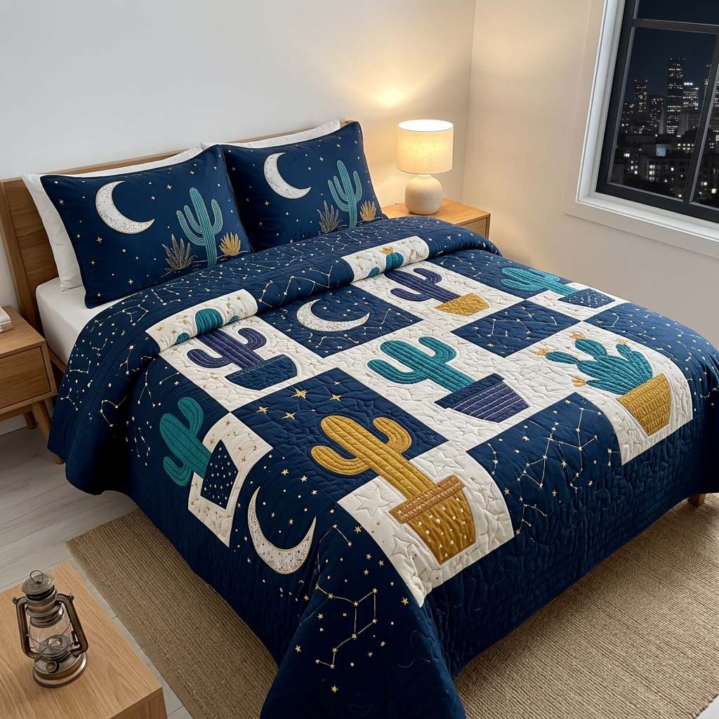 Midnight Cactus Sky quilted 3-piece bedding set on a made bed with two matching pillow shams