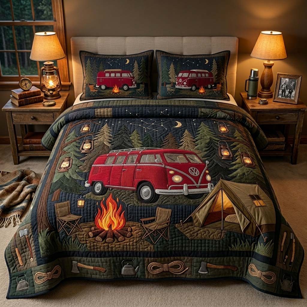 Midnight Camper quilted 3-piece bedding set on a made bed with two matching pillow shams