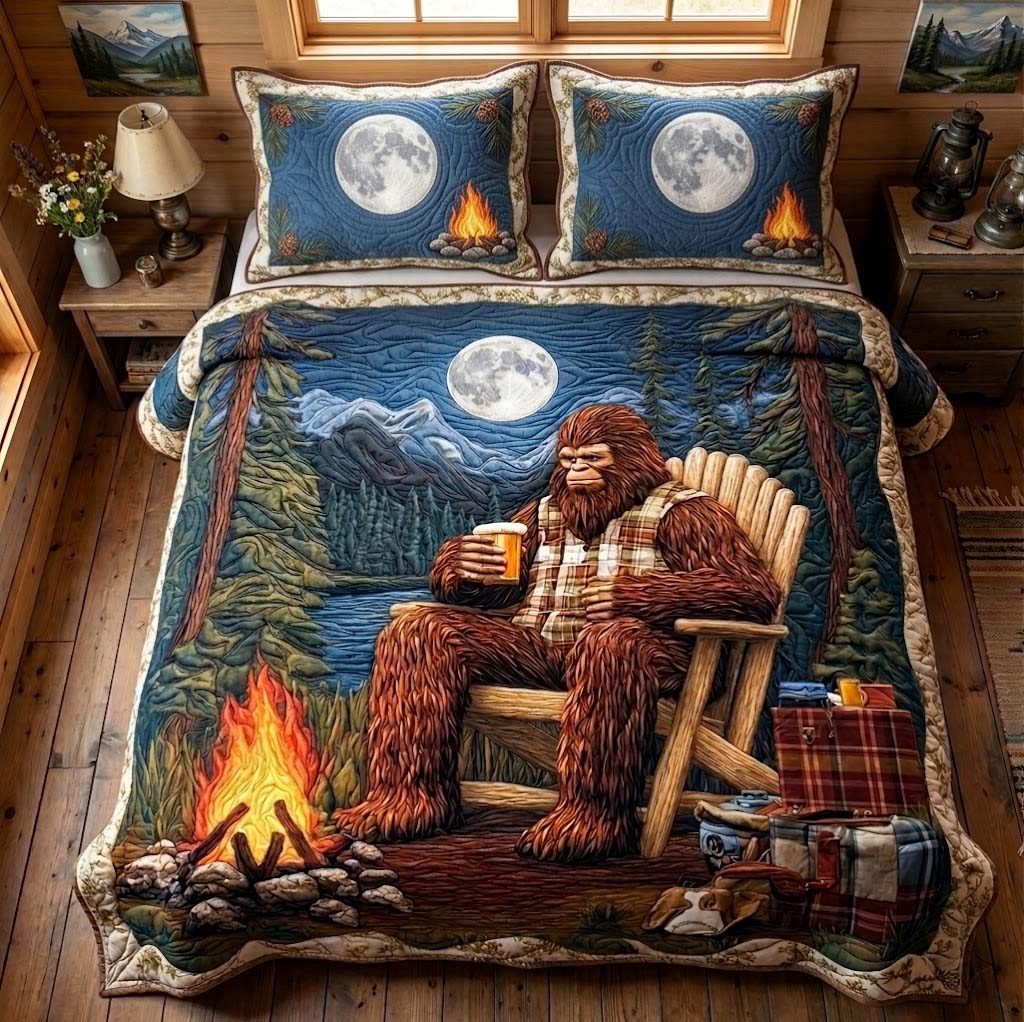 Midnight Campfire quilted 3-piece bedding set on a made bed with two matching pillow shams