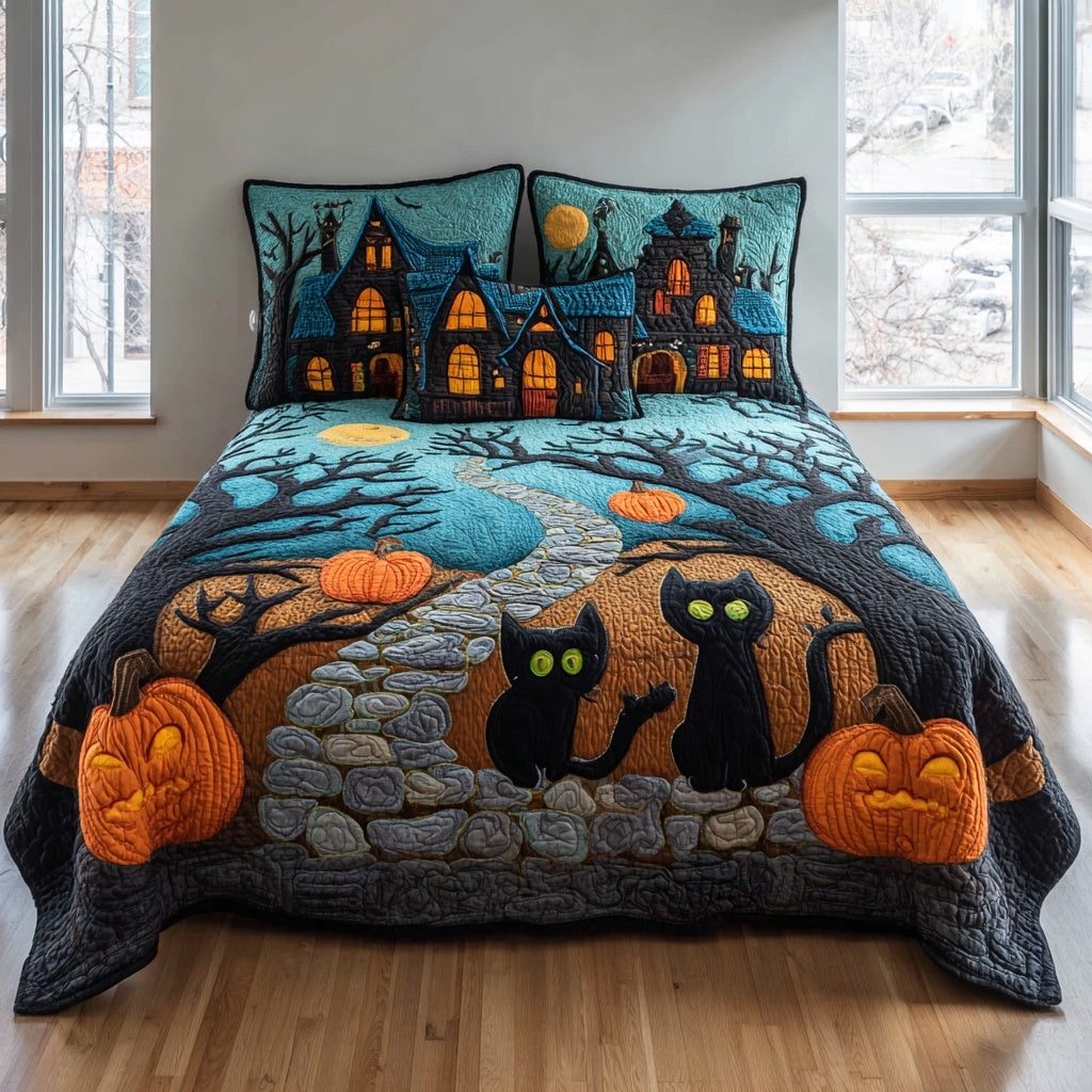 Midnight Cat Glow quilted 3-piece bedding set on a made bed with two matching pillow shams