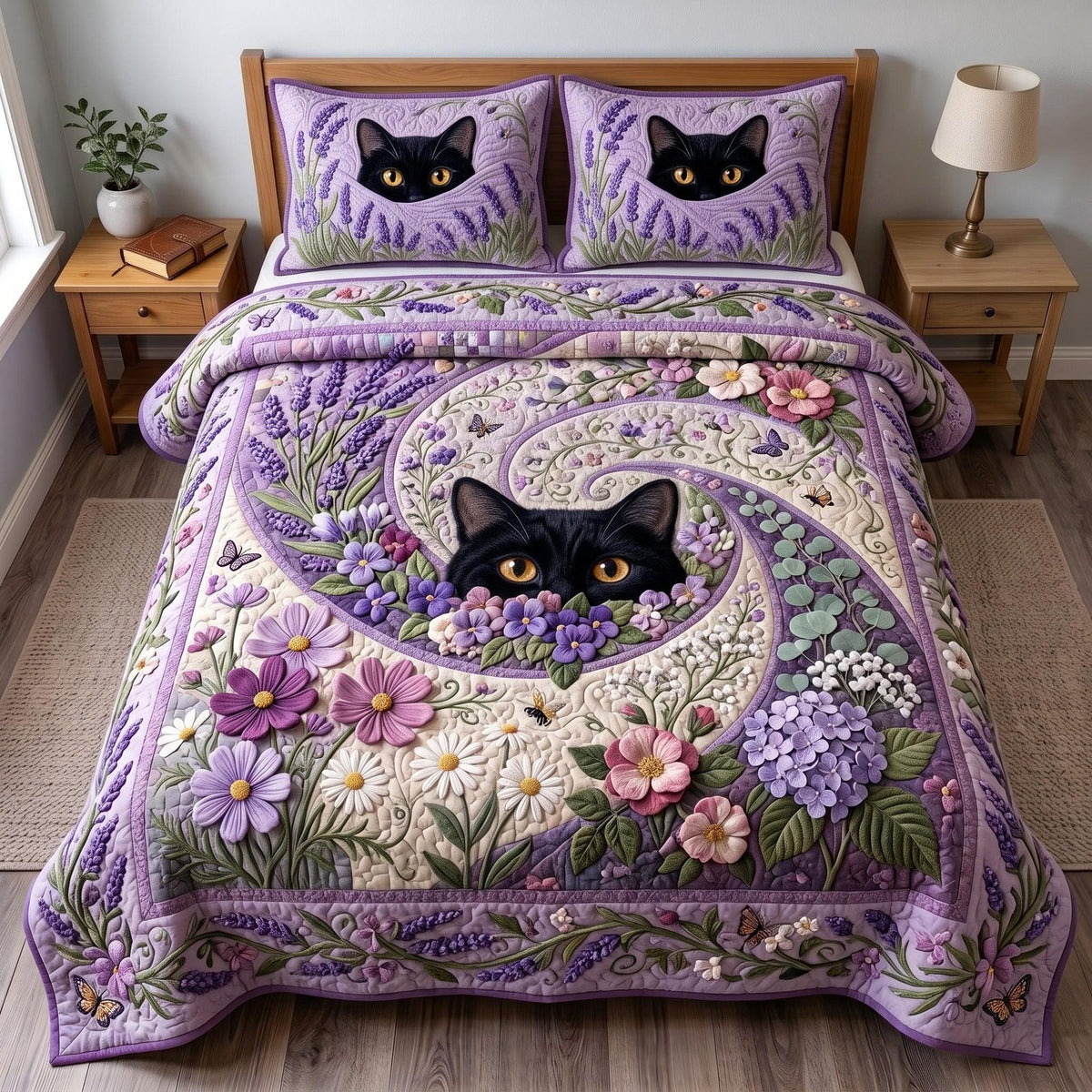 Midnight Cat quilted 3-piece bedding set on a made bed with two matching pillow shams