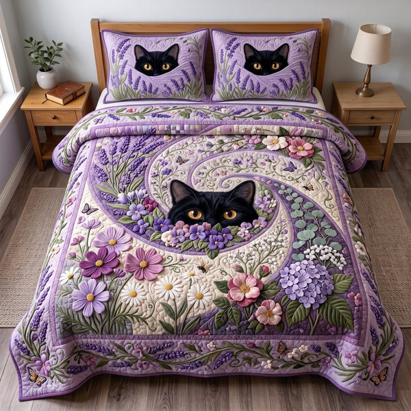Midnight Cat quilted 3-piece bedding set on a made bed with two matching pillow shams