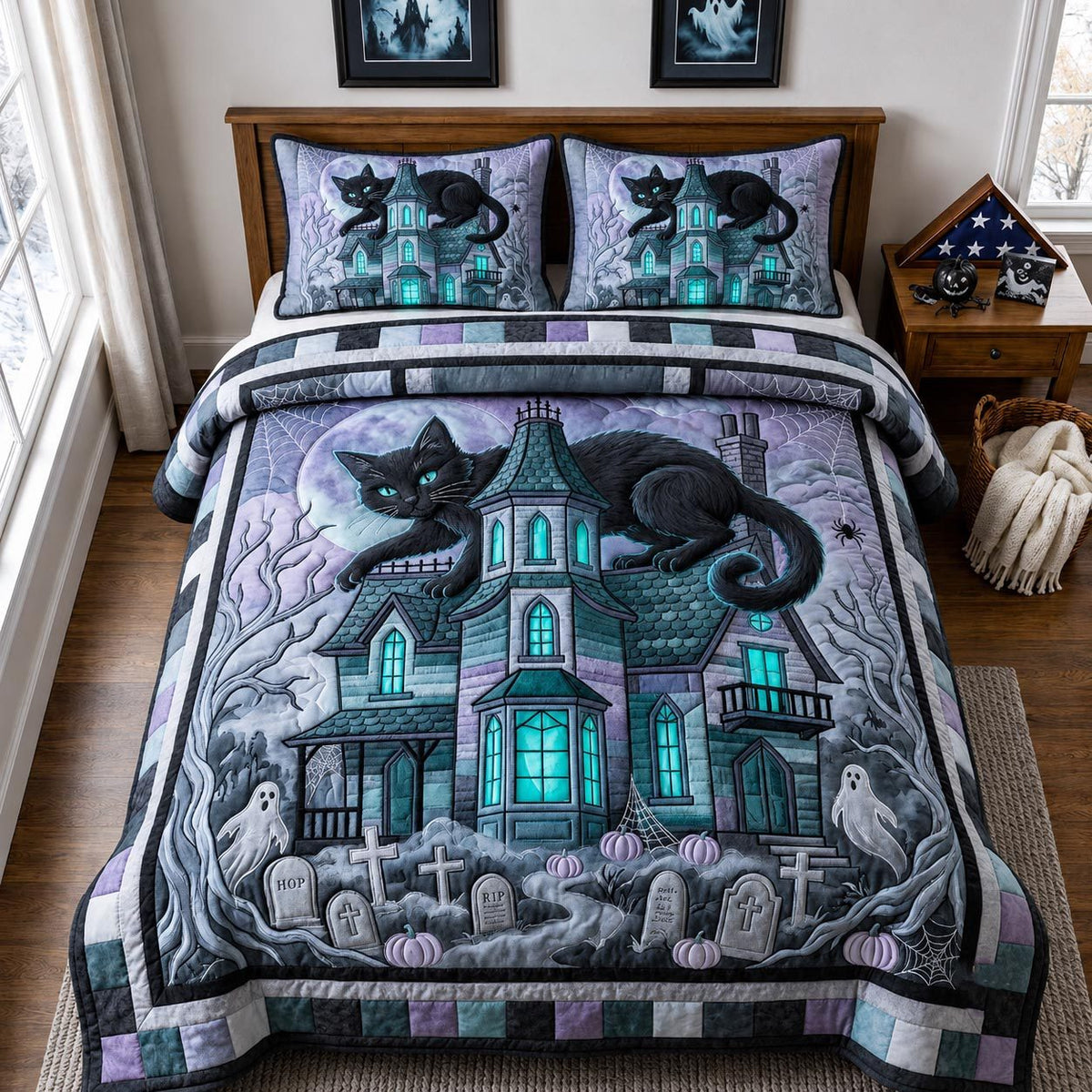 Midnight Cat quilted 3-piece bedding set on a made bed with two matching pillow shams
