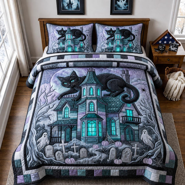 Midnight Cat quilted 3-piece bedding set on a made bed with two matching pillow shams