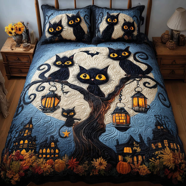 Midnight Cat quilted 3-piece bedding set on a made bed with two matching pillow shams