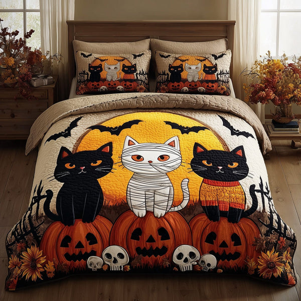 Midnight Cat quilted 3-piece bedding set on a made bed with two matching pillow shams