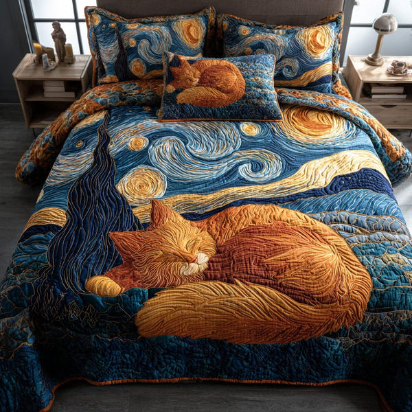 Midnight Cat Sky quilted 3-piece bedding set on a made bed with two matching pillow shams