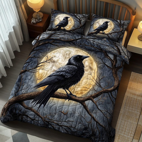 Midnight Caw quilted 3-piece bedding set on a made bed with two matching pillow shams