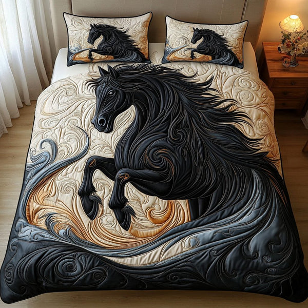 Midnight Charger quilted 3-piece bedding set on a made bed with two matching pillow shams