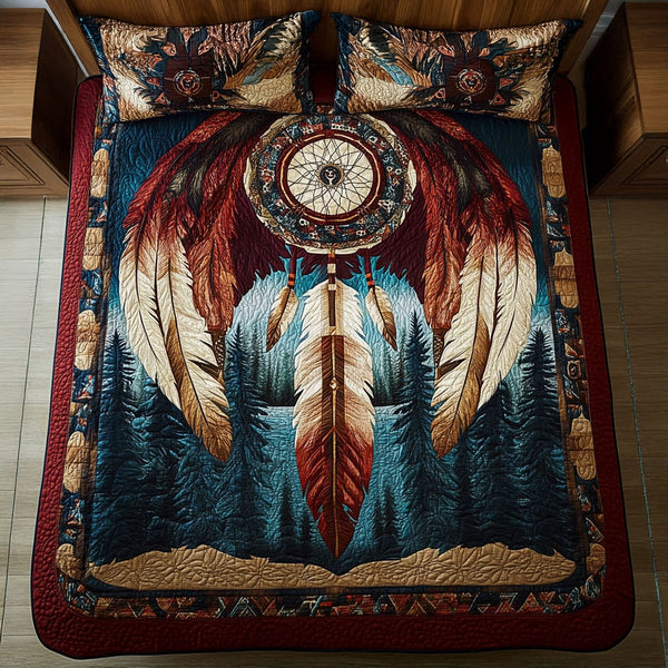 Midnight Circle quilted 3-piece bedding set on a made bed with two matching pillow shams