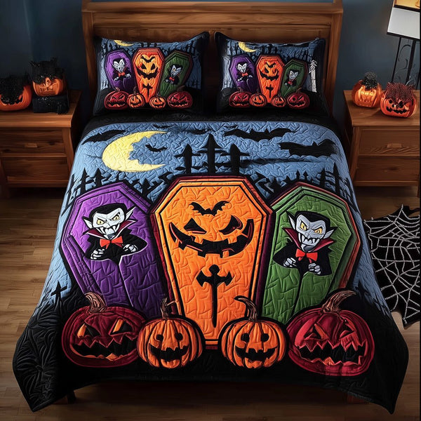 Midnight Coffins quilted 3-piece bedding set on a made bed with two matching pillow shams
