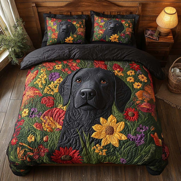 Midnight Daisy quilted 3-piece bedding set on a made bed with two matching pillow shams