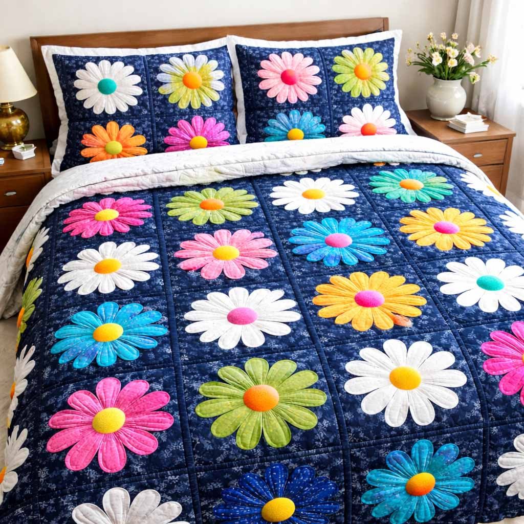 Midnight Daisy quilted 3-piece bedding set on a made bed with two matching pillow shams