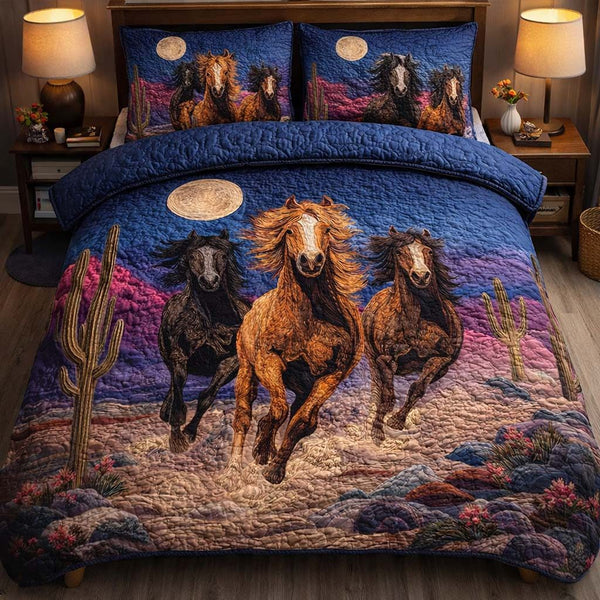 Midnight Desert Gallop quilted 3-piece bedding set on a made bed with two matching pillow shams