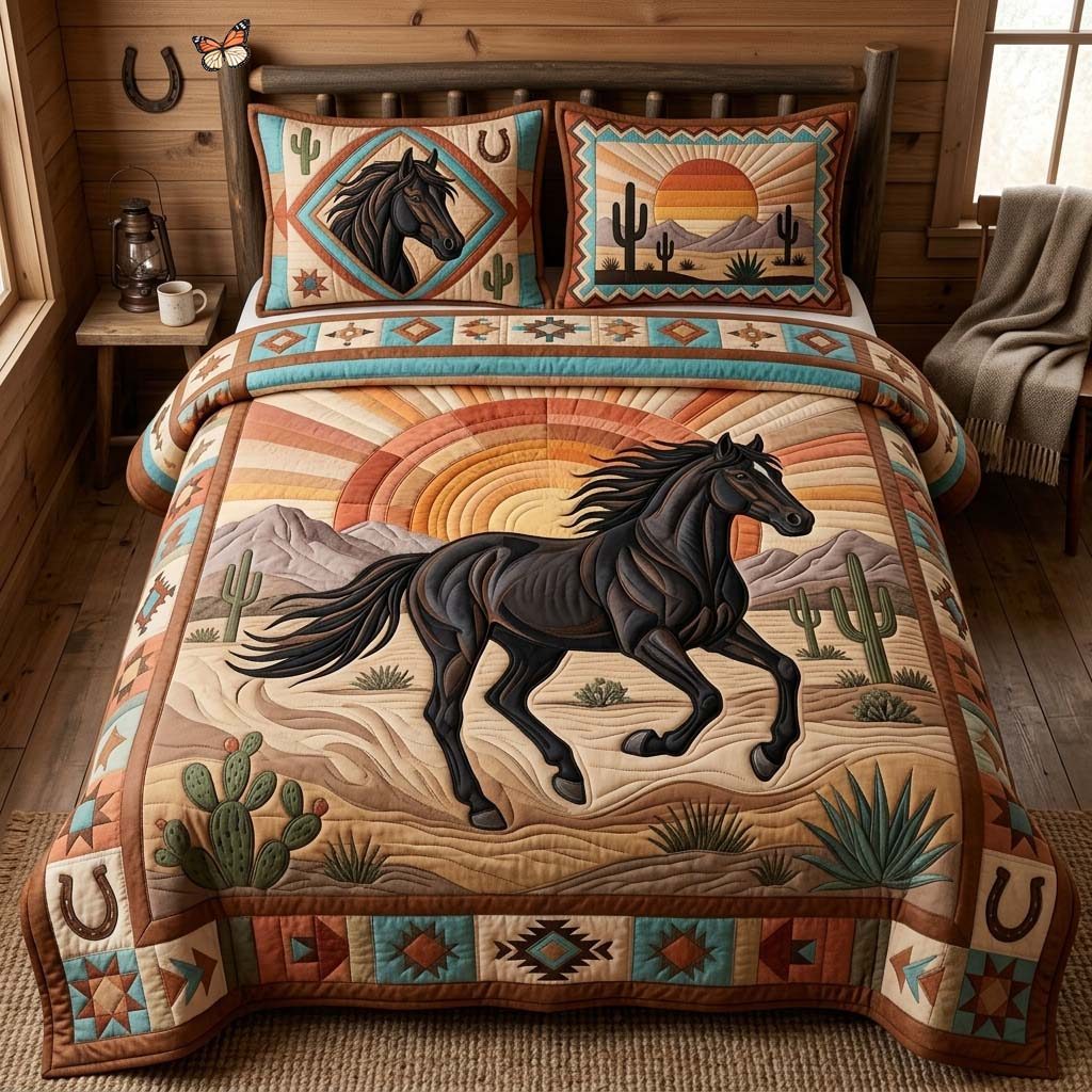 Midnight Desert Horse quilted 3-piece bedding set on a made bed in a rustic timber bedroom