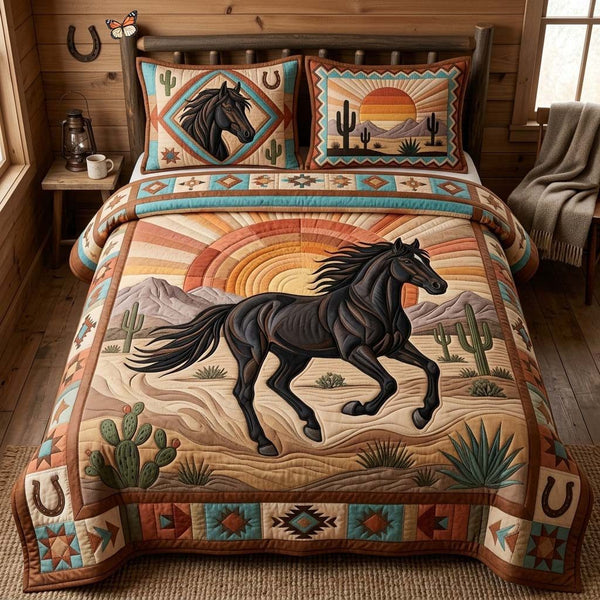 Midnight Desert Horse quilted 3-piece bedding set on a made bed in a rustic timber bedroom