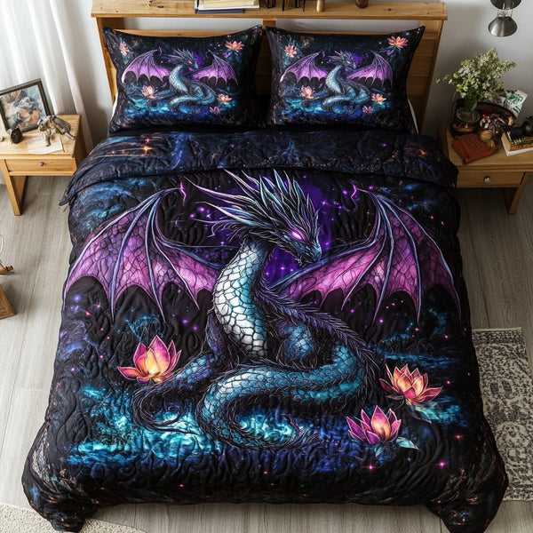 Midnight Dragon Realm quilted 3-piece bedding set on a made bed with two matching pillow shams
