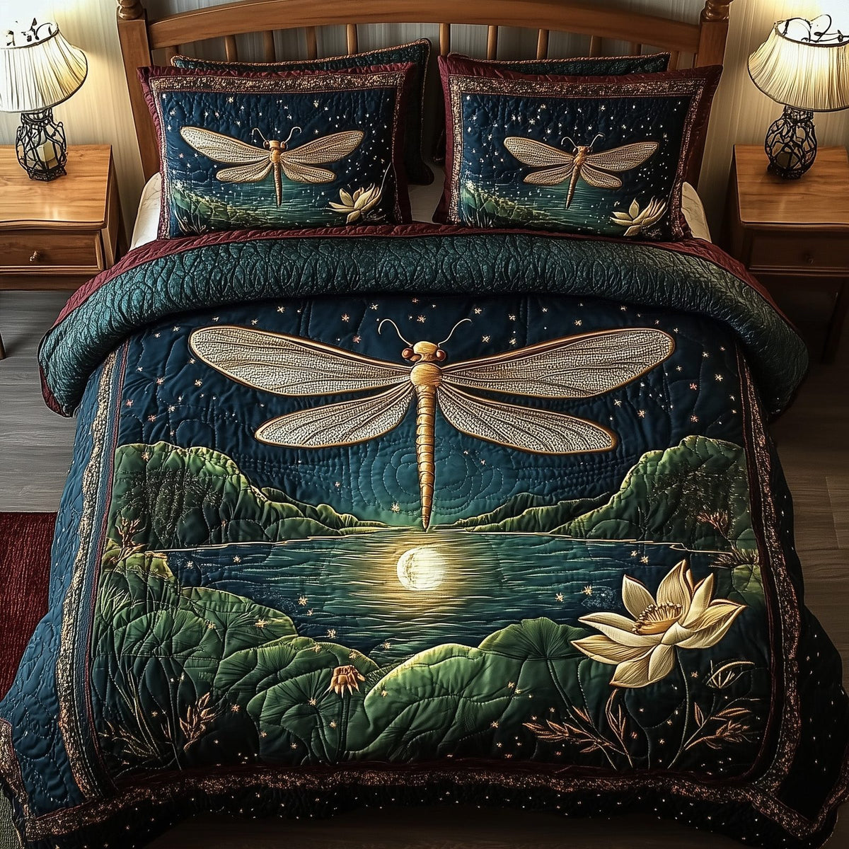 Midnight Dragonfly quilted 3-piece bedding set on a made bed with two matching pillow shams
