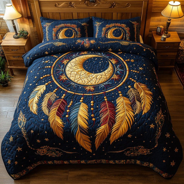 Midnight Dreams quilted 3-piece bedding set on a made bed with two matching pillow shams