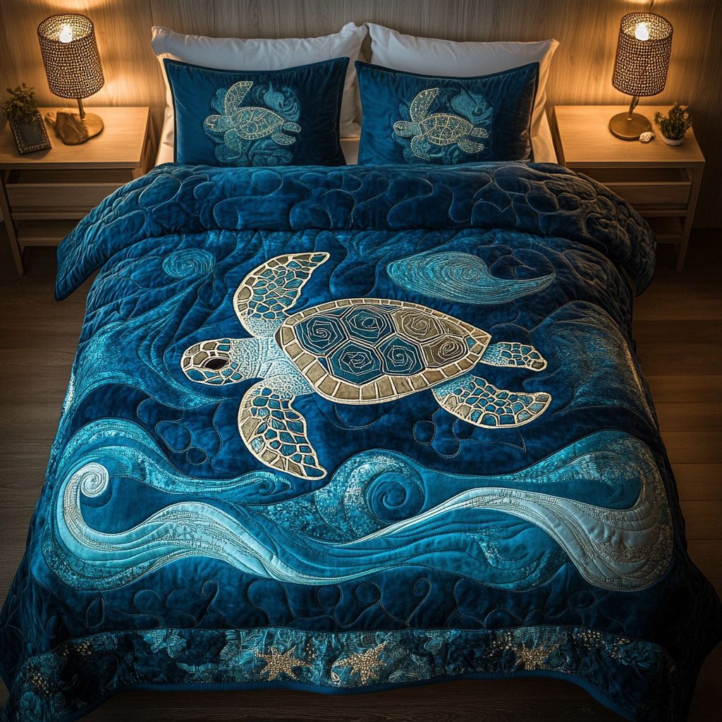 Midnight Drift quilted 3-piece bedding set on a made bed with two matching pillow shams