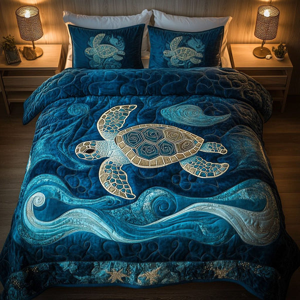 Midnight Drift quilted 3-piece bedding set on a made bed with two matching pillow shams