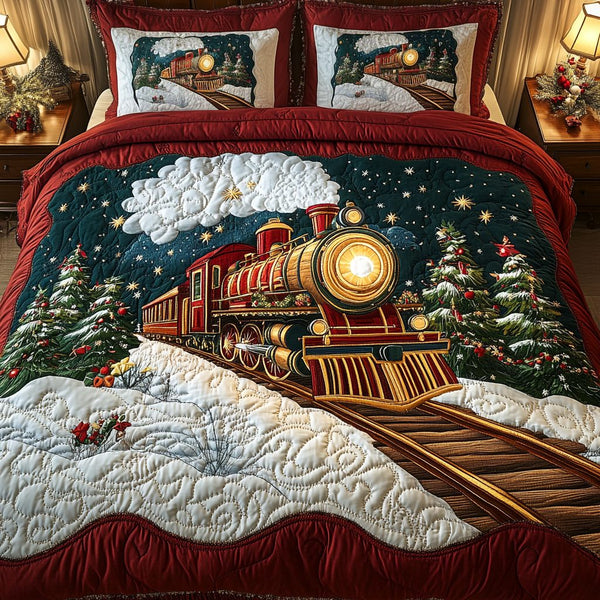 Midnight Express quilted 3-piece bedding set on a made bed with two matching pillow shams